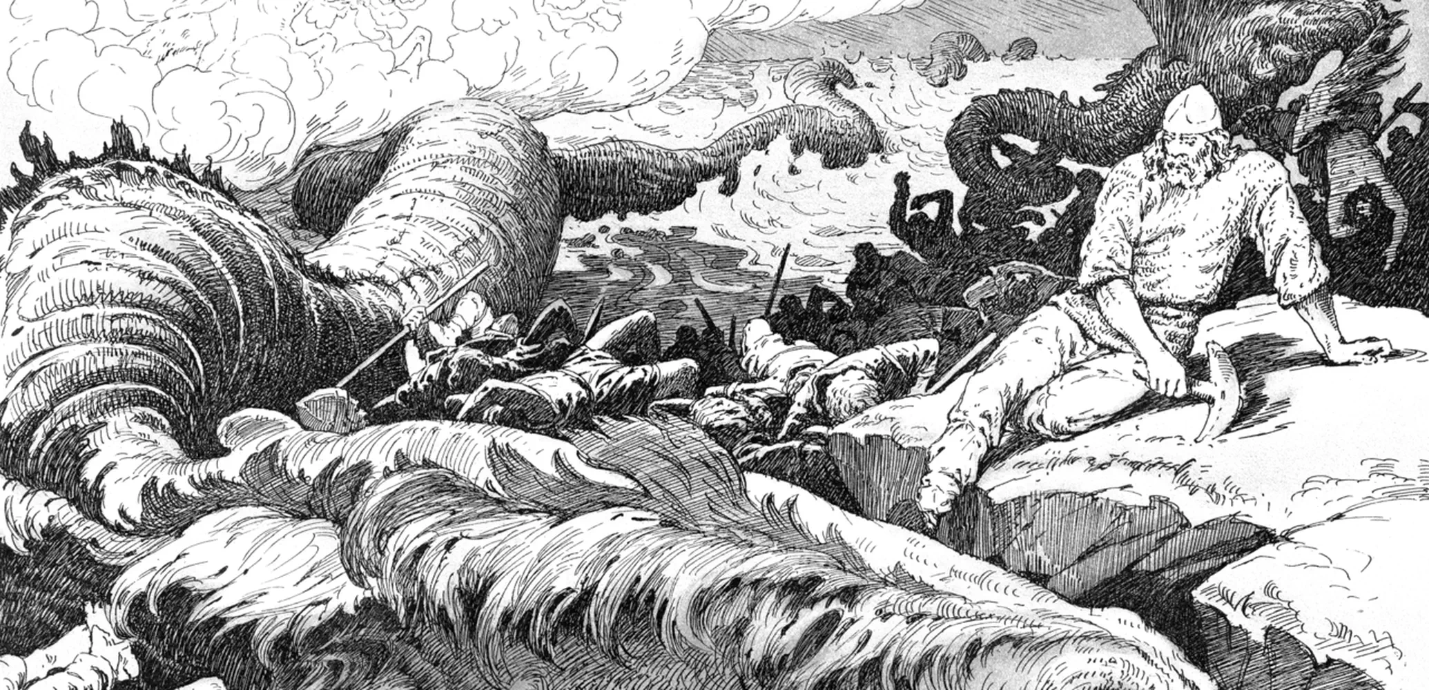 Jörmungandr roert zijn staart in de wereldzee tijdens Ragnarök, het einde der tijden volgens de Noordse mythologie. Tekening van Louis Moe, 1898.