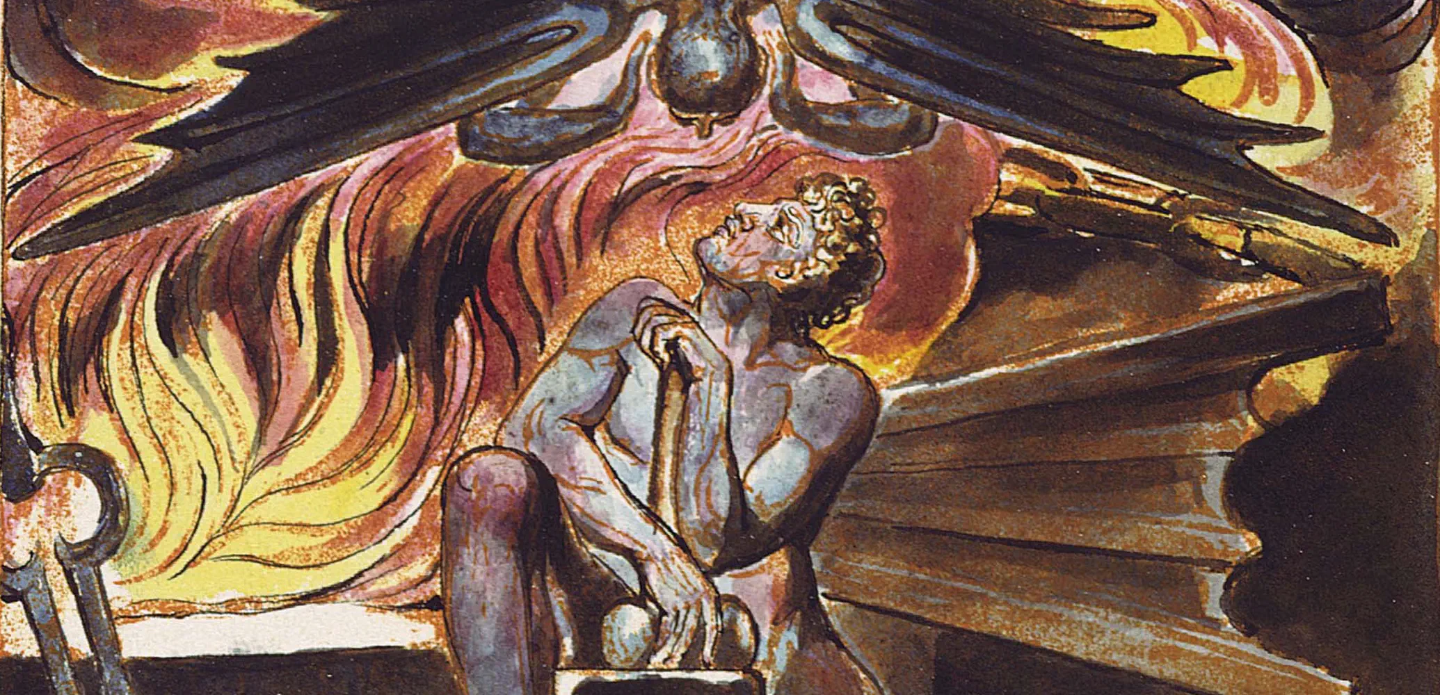 Los' Schim kwelt hem in zijn smederij, door William Blake.